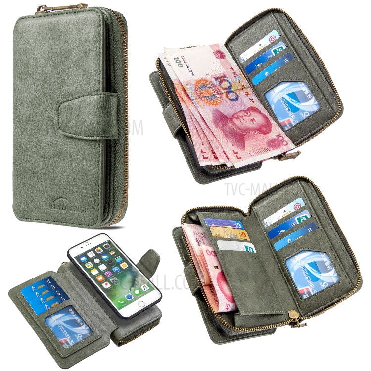 BF001 Leather Wallet Cover Anti-Gravity Zip Handbag Phone Case for iPhone 7 Plus / 8 Plus 5.5-inch - Green