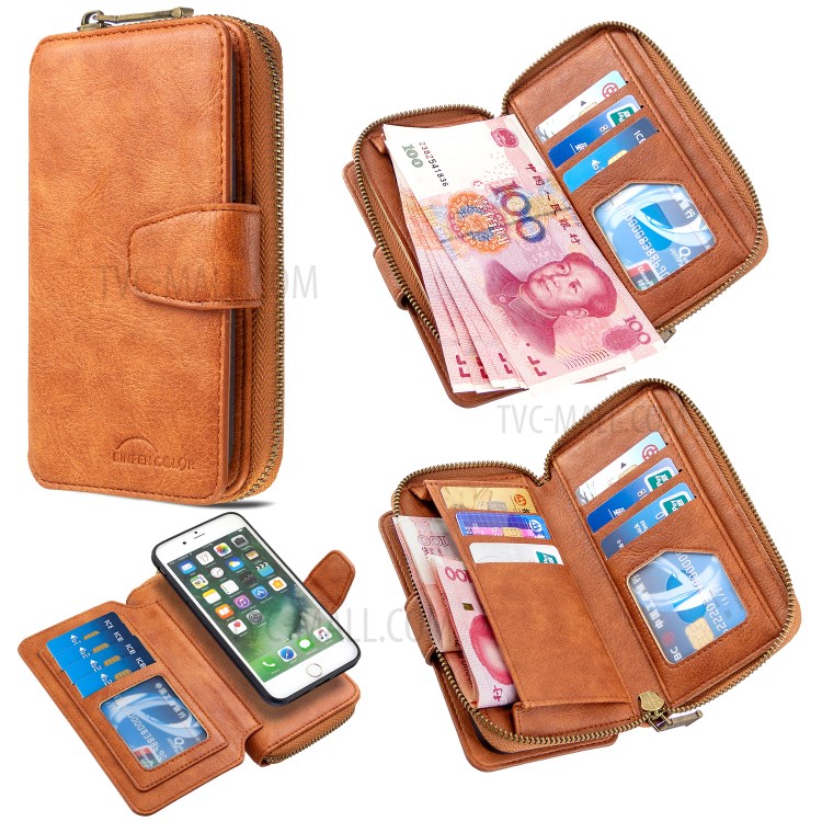 BF001 Leather Wallet Cover Anti-Gravity Zip Handbag Phone Case for iPhone 7 Plus / 8 Plus 5.5-inch - Brown-1
