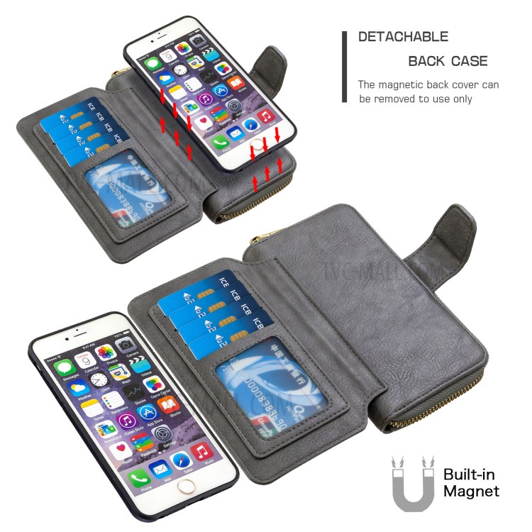 BF001 Leather Wallet Anti-Gravity Zip Pocket Phone Cover Case for iPhone 6 Plus/6s Plus 5.5-inch - Grey-4