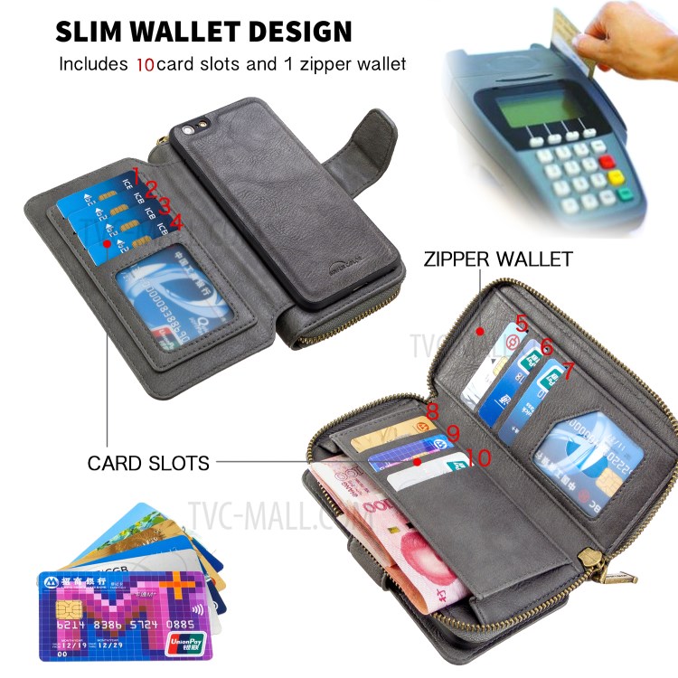 BF001 Leather Wallet Anti-Gravity Zip Pocket Phone Cover Case for iPhone 6 Plus/6s Plus 5.5-inch - Grey-5