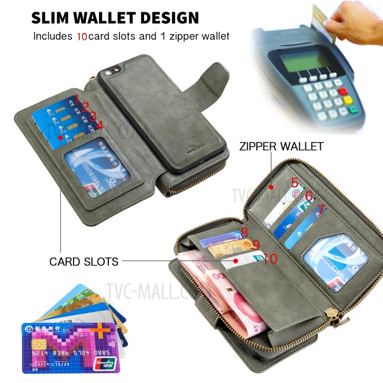 BF001 Leather Wallet Anti-Gravity Zip Pocket Phone Cover Case for iPhone 6 Plus/6s Plus 5.5-inch - Green-4