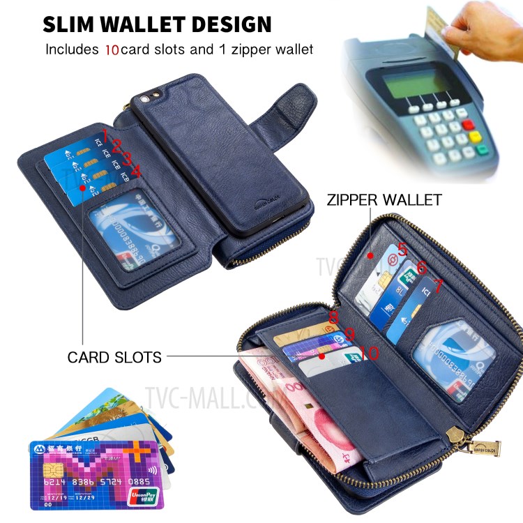 BF001 Leather Wallet Anti-Gravity Zip Pocket Phone Cover Case for iPhone 6 Plus/6s Plus 5.5-inch - Blue-5