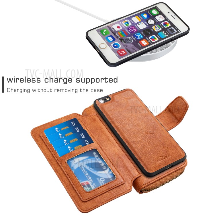BF001 Leather Wallet Anti-Gravity Zip Pocket Phone Cover Case for iPhone 6 Plus/6s Plus 5.5-inch - Brown-3