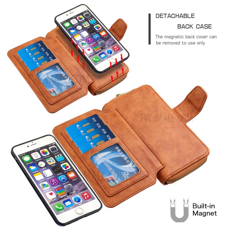 BF001 Leather Wallet Anti-Gravity Zip Pocket Phone Cover Case for iPhone 6 Plus/6s Plus 5.5-inch - Brown-4