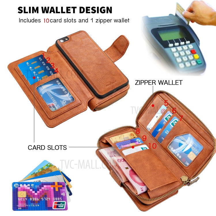 BF001 Leather Wallet Anti-Gravity Zip Pocket Phone Cover Case for iPhone 6 Plus/6s Plus 5.5-inch - Brown-5