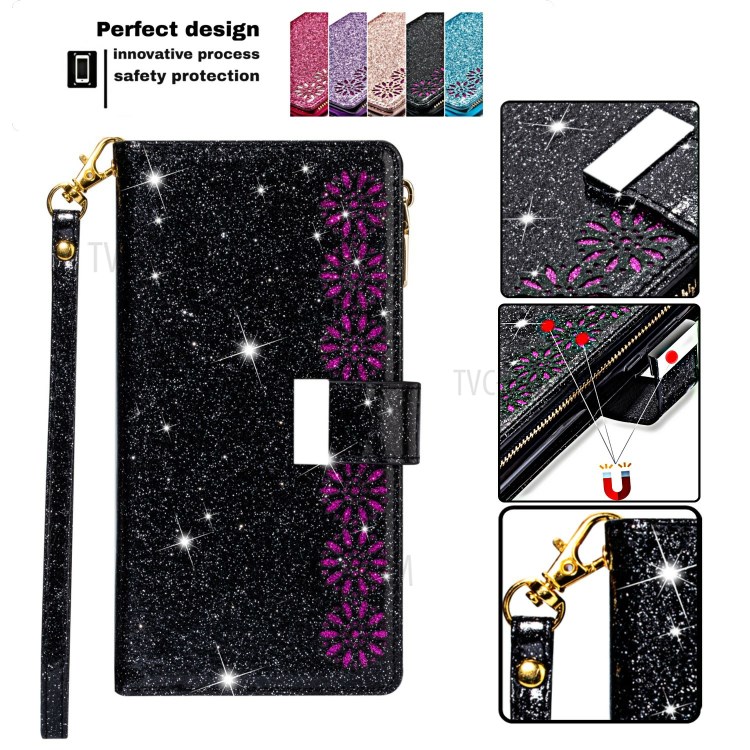 Glittery Starry Style Laser Carving Zipper Wallet Stand Leather Case for iPhone 11 Pro Max 6.5 inch - Black-5