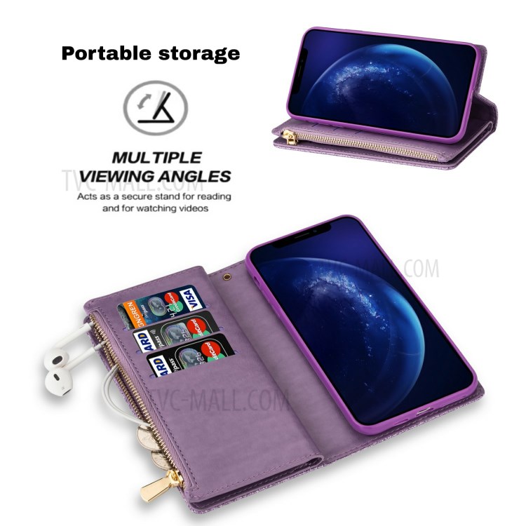 Glittery Starry Style Laser Carving Zipper Wallet Stand Leather Case for iPhone 11 Pro Max 6.5 inch - Purple-7