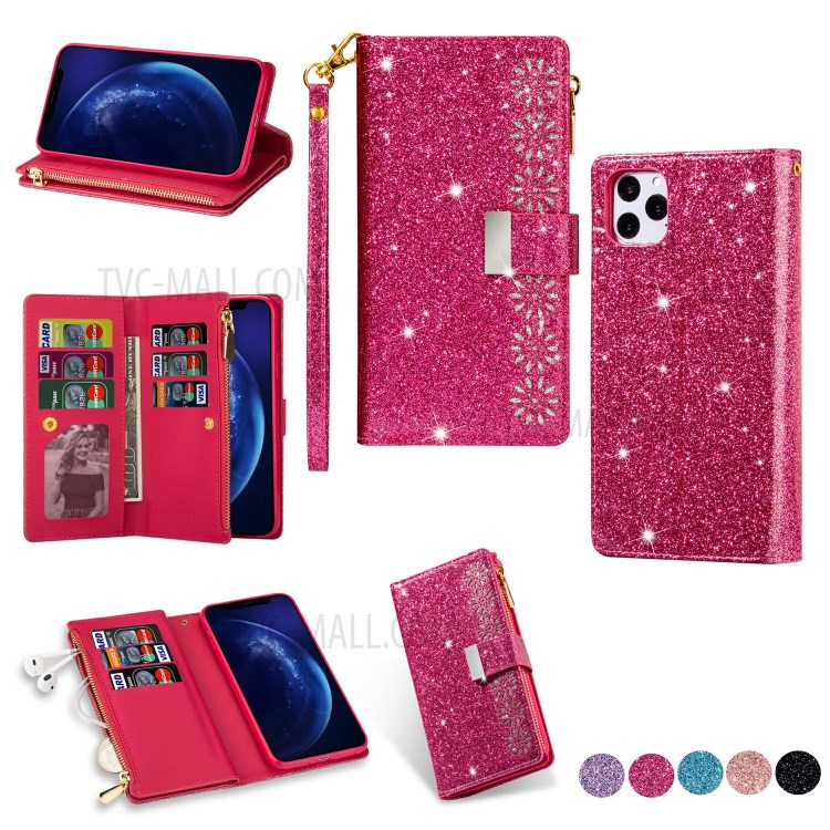 Glittery Starry Style Laser Carving Zipper Wallet Stand Leather Shell for iPhone 11 Pro 5.8 inch - Red-1