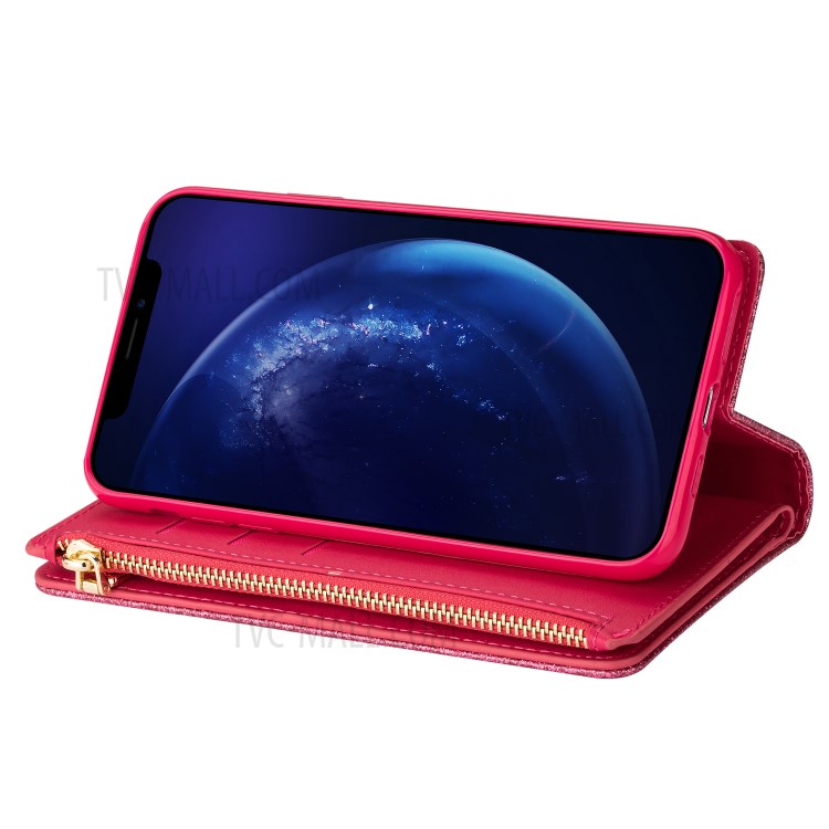Glittery Starry Style Laser Carving Zipper Wallet Stand Leather Shell for iPhone 11 Pro 5.8 inch - Red-11