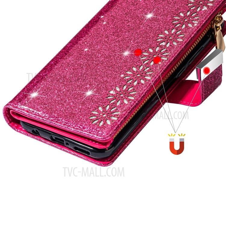 Glittery Starry Style Laser Carving Zipper Wallet Stand Leather Shell for iPhone 11 Pro 5.8 inch - Red-14