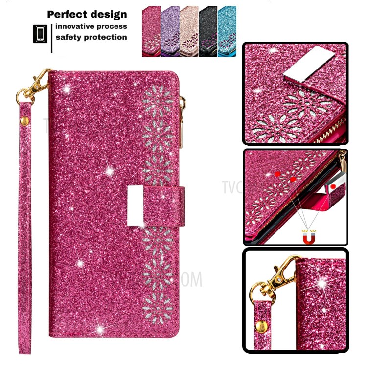 Glittery Starry Style Laser Carving Zipper Wallet Stand Leather Shell for iPhone 11 Pro 5.8 inch - Red-5