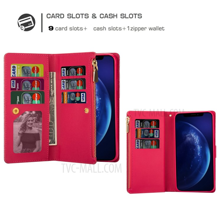 Glittery Starry Style Laser Carving Zipper Wallet Stand Leather Shell for iPhone 11 Pro 5.8 inch - Red-6