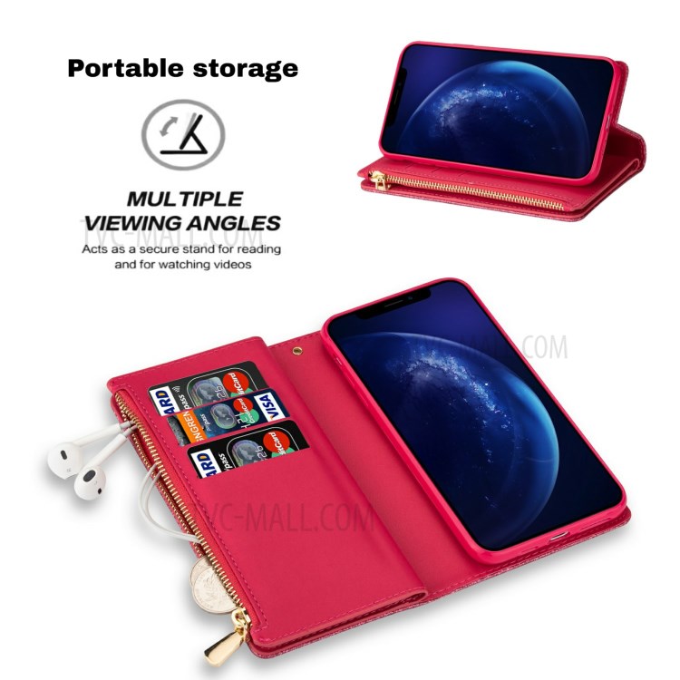 Glittery Starry Style Laser Carving Zipper Wallet Stand Leather Shell for iPhone 11 Pro 5.8 inch - Red-7