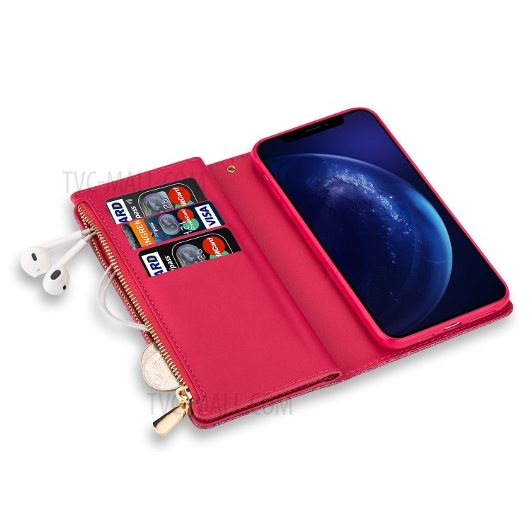 Glittery Starry Style Laser Carving Zipper Wallet Stand Leather Shell for iPhone 11 Pro 5.8 inch - Red-8