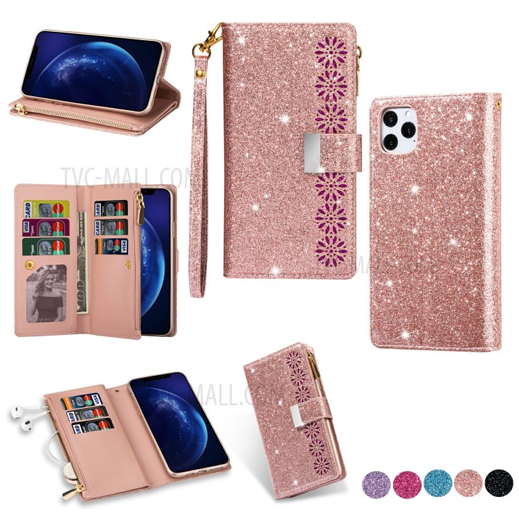 Glittery Starry Style Laser Carving Zipper Wallet Stand Leather Shell for iPhone 11 Pro 5.8 inch - Rose Gold-1