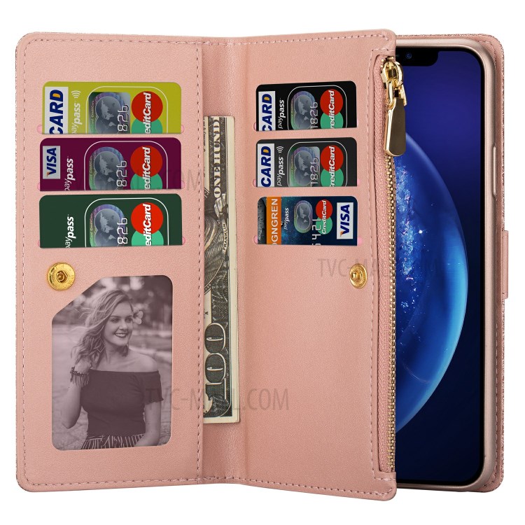 Glittery Starry Style Laser Carving Zipper Wallet Stand Leather Shell for iPhone 11 Pro 5.8 inch - Rose Gold-10