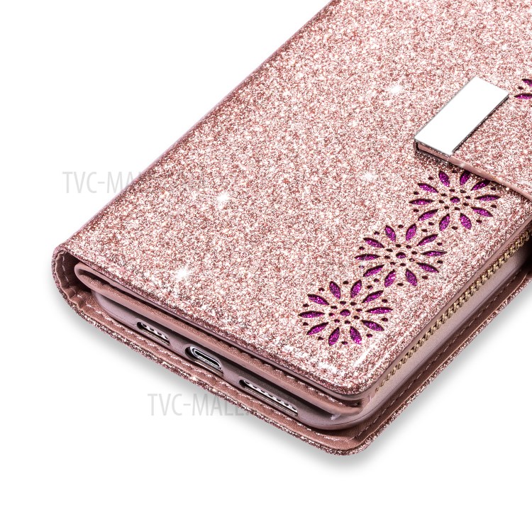 Glittery Starry Style Laser Carving Zipper Wallet Stand Leather Shell for iPhone 11 Pro 5.8 inch - Rose Gold-13