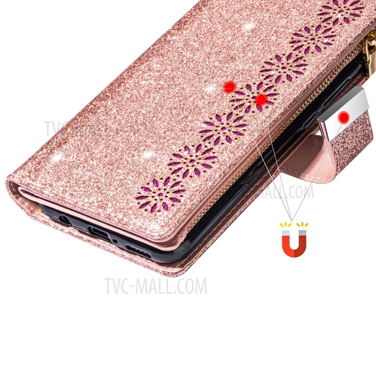 Glittery Starry Style Laser Carving Zipper Wallet Stand Leather Shell for iPhone 11 Pro 5.8 inch - Rose Gold-14