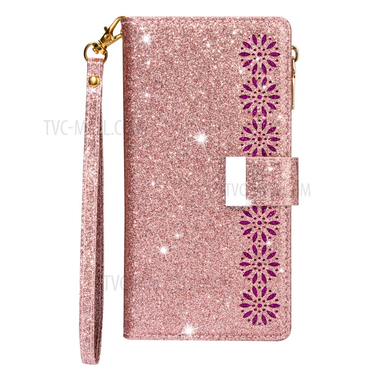 Glittery Starry Style Laser Carving Zipper Wallet Stand Leather Shell for iPhone 11 Pro 5.8 inch - Rose Gold-4