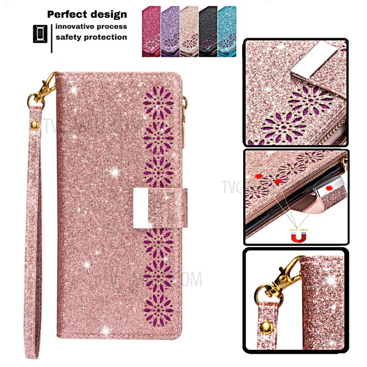 Glittery Starry Style Laser Carving Zipper Wallet Stand Leather Shell for iPhone 11 Pro 5.8 inch - Rose Gold-5