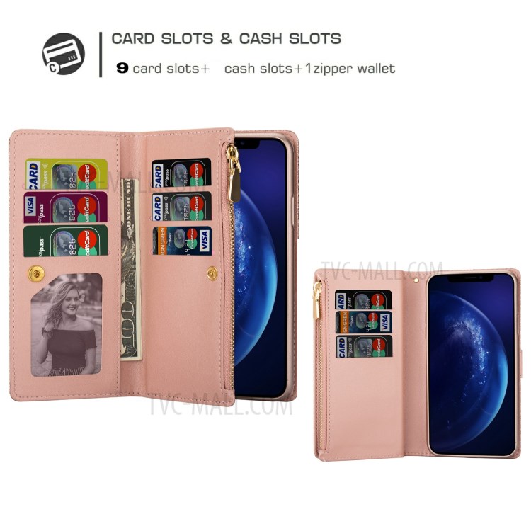 Glittery Starry Style Laser Carving Zipper Wallet Stand Leather Shell for iPhone 11 Pro 5.8 inch - Rose Gold-6