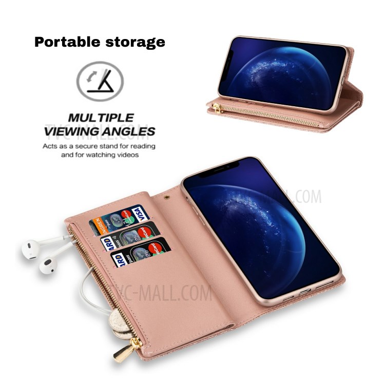 Glittery Starry Style Laser Carving Zipper Wallet Stand Leather Shell for iPhone 11 Pro 5.8 inch - Rose Gold-7
