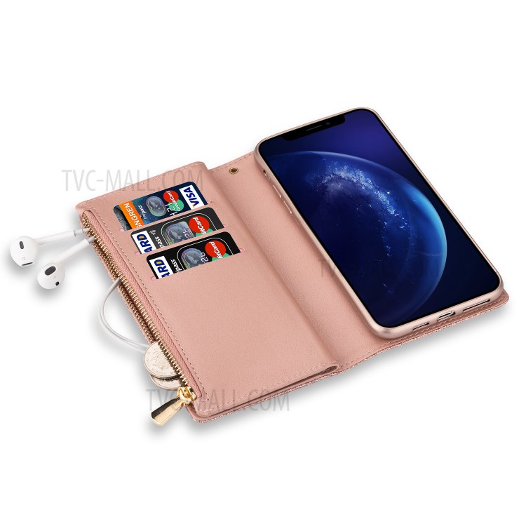 Glittery Starry Style Laser Carving Zipper Wallet Stand Leather Shell for iPhone 11 Pro 5.8 inch - Rose Gold-8