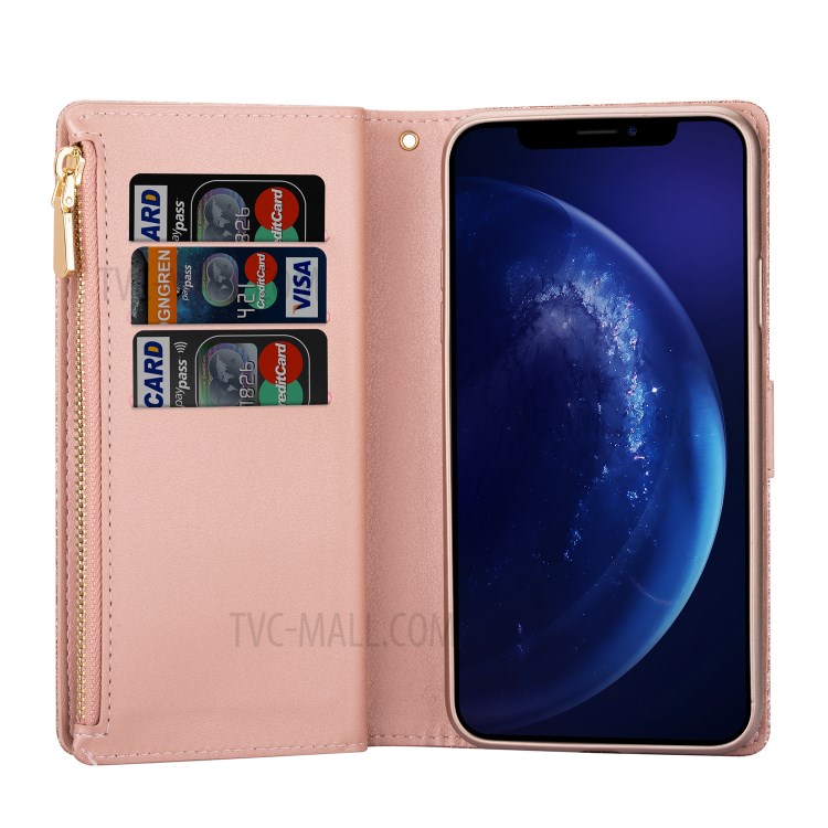 Glittery Starry Style Laser Carving Zipper Wallet Stand Leather Shell for iPhone 11 Pro 5.8 inch - Rose Gold-9