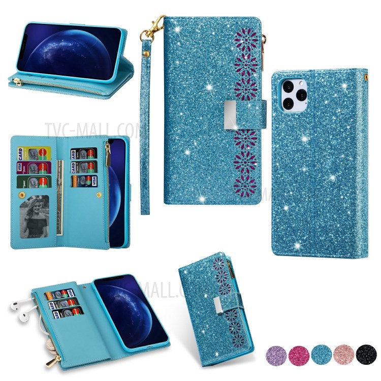Glittery Starry Style Laser Carving Zipper Wallet Stand Leather Shell for iPhone 11 Pro 5.8 inch - Blue-1