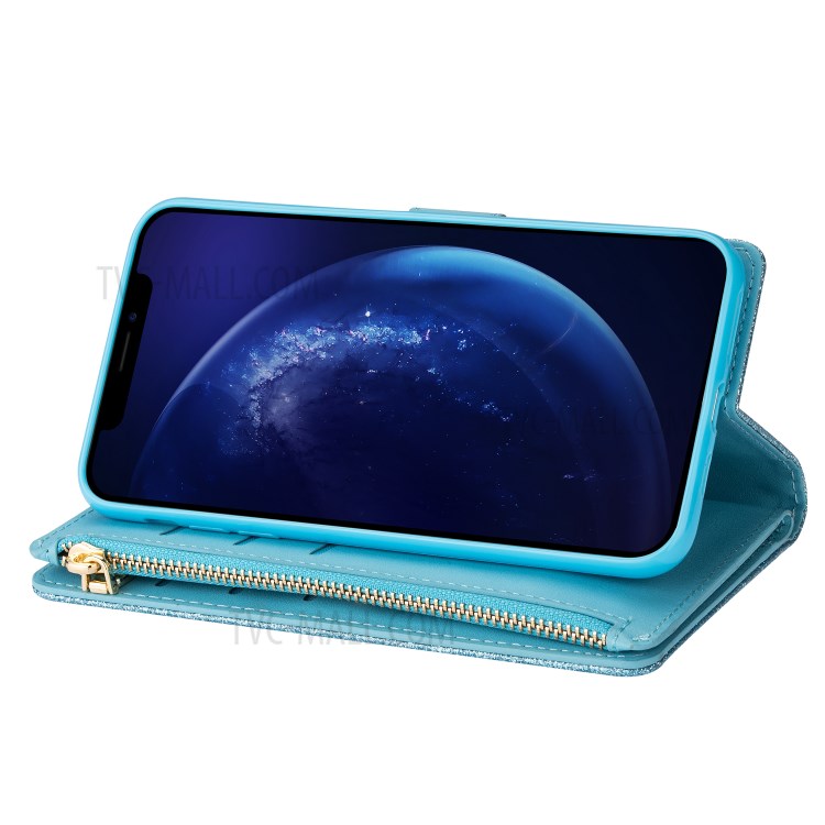 Glittery Starry Style Laser Carving Zipper Wallet Stand Leather Shell for iPhone 11 Pro 5.8 inch - Blue-11