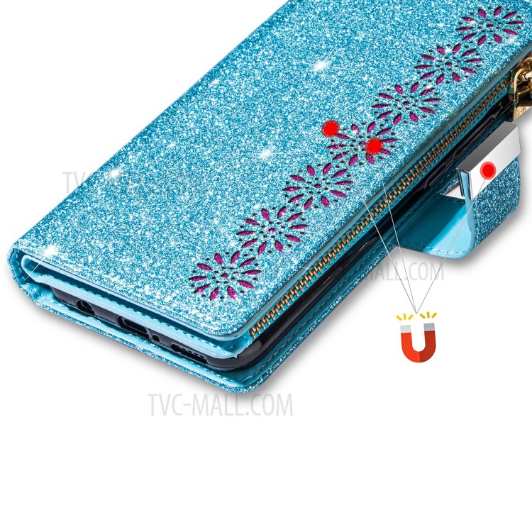 Glittery Starry Style Laser Carving Zipper Wallet Stand Leather Shell for iPhone 11 Pro 5.8 inch - Blue-14