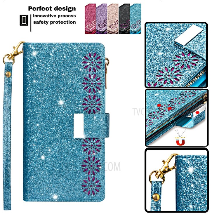 Glittery Starry Style Laser Carving Zipper Wallet Stand Leather Shell for iPhone 11 Pro 5.8 inch - Blue-5