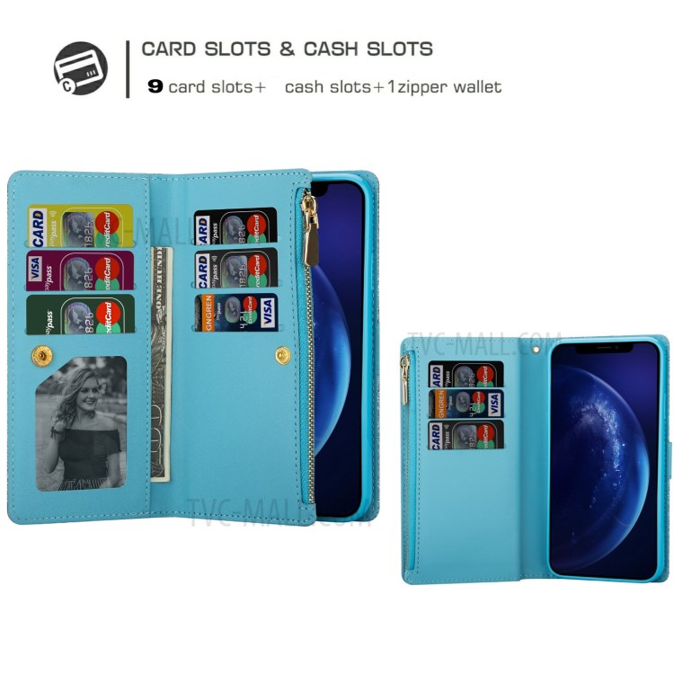 Glittery Starry Style Laser Carving Zipper Wallet Stand Leather Shell for iPhone 11 Pro 5.8 inch - Blue-6