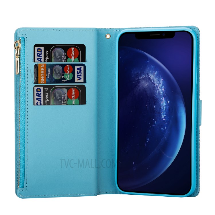 Glittery Starry Style Laser Carving Zipper Wallet Stand Leather Shell for iPhone 11 Pro 5.8 inch - Blue-9