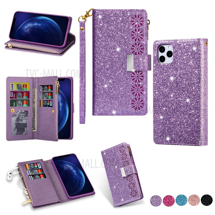 Glitzernde Starry Artlaser Für Iphone 11 Pro 5,8 Inch Reißverschlussmappe Stand Lederhülle Schnitzen - Lila-1