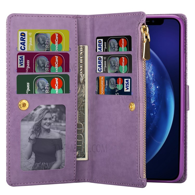 Glitzernde Starry Artlaser Für Iphone 11 Pro 5,8 Inch Reißverschlussmappe Stand Lederhülle Schnitzen - Lila-10