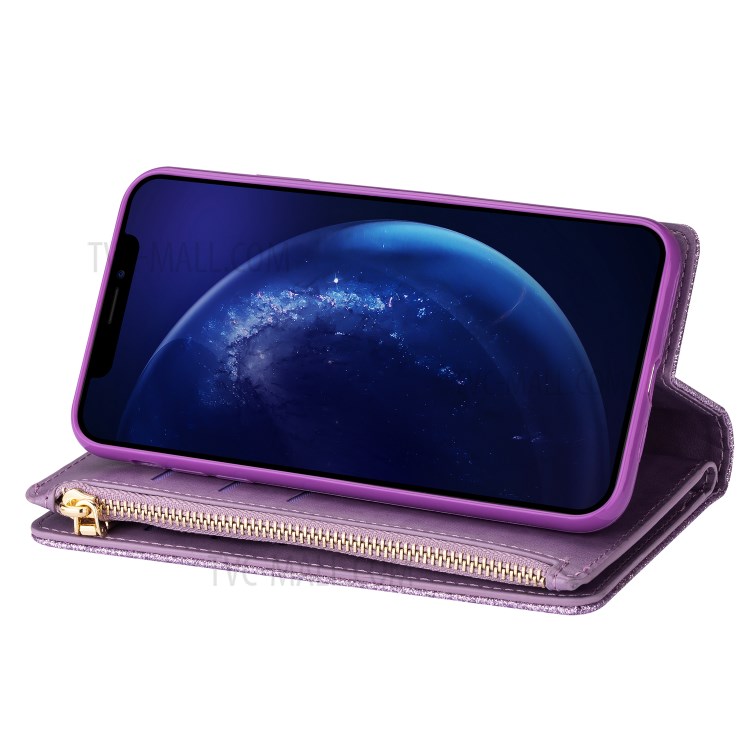 Glitzernde Starry Artlaser Für Iphone 11 Pro 5,8 Inch Reißverschlussmappe Stand Lederhülle Schnitzen - Lila-11