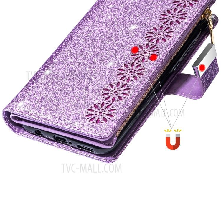 Glitzernde Starry Artlaser Für Iphone 11 Pro 5,8 Inch Reißverschlussmappe Stand Lederhülle Schnitzen - Lila-14