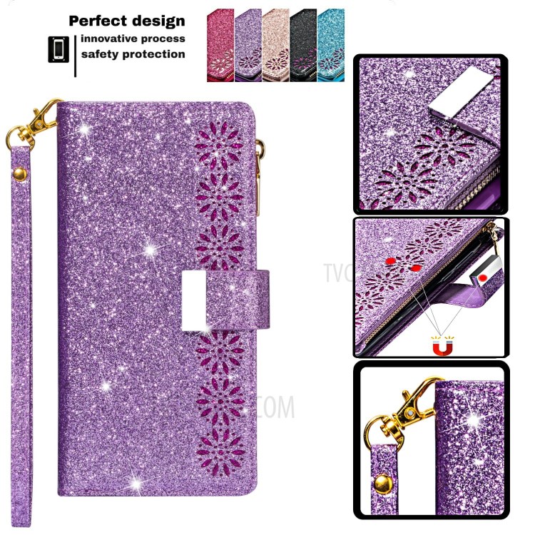 Glitzernde Starry Artlaser Für Iphone 11 Pro 5,8 Inch Reißverschlussmappe Stand Lederhülle Schnitzen - Lila-5