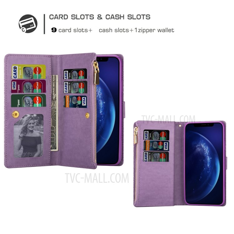 Glitzernde Starry Artlaser Für Iphone 11 Pro 5,8 Inch Reißverschlussmappe Stand Lederhülle Schnitzen - Lila-6