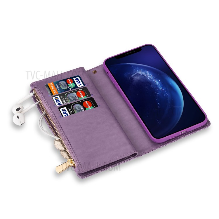 Glitzernde Starry Artlaser Für Iphone 11 Pro 5,8 Inch Reißverschlussmappe Stand Lederhülle Schnitzen - Lila-8