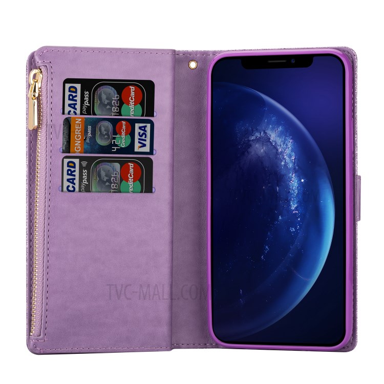 Glitzernde Starry Artlaser Für Iphone 11 Pro 5,8 Inch Reißverschlussmappe Stand Lederhülle Schnitzen - Lila-9