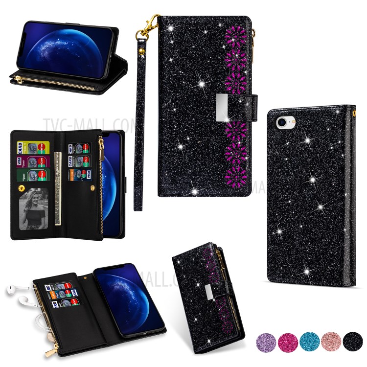 Glittery Starry Style Laser Carving Zipper Wallet Stand Leather Phone Shell for iPhone SE (2nd Generation)/8/7 - Black-1