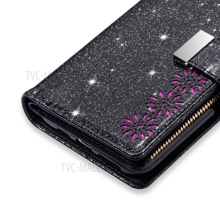 Glittery Starry Style Laser Carving Zipper Wallet Stand Leather Phone Shell for iPhone SE (2nd Generation)/8/7 - Black-10