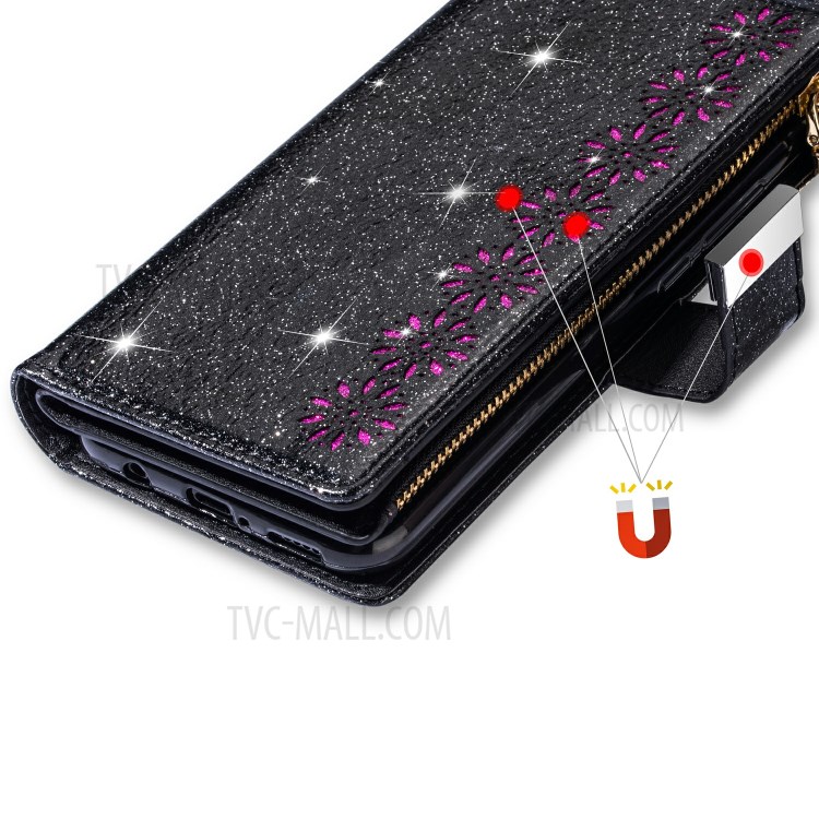 Glittery Starry Style Laser Carving Zipper Wallet Stand Leather Phone Shell for iPhone SE (2nd Generation)/8/7 - Black-11