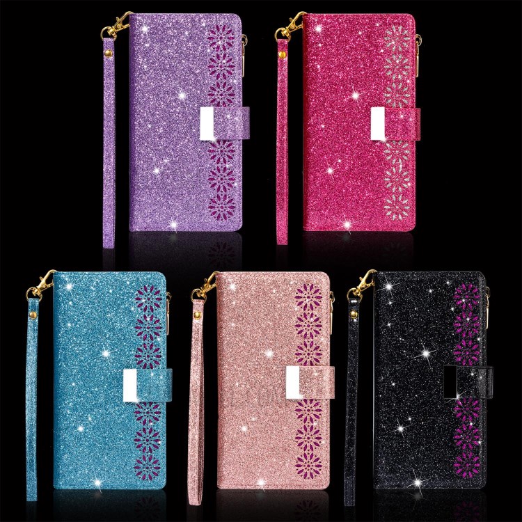 Glittery Starry Style Laser Carving Zipper Wallet Stand Leather Phone Shell for iPhone SE (2nd Generation)/8/7 - Black-13