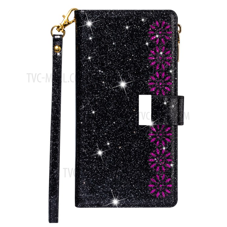 Glittery Starry Style Laser Carving Zipper Wallet Stand Leather Phone Shell for iPhone SE (2nd Generation)/8/7 - Black-3