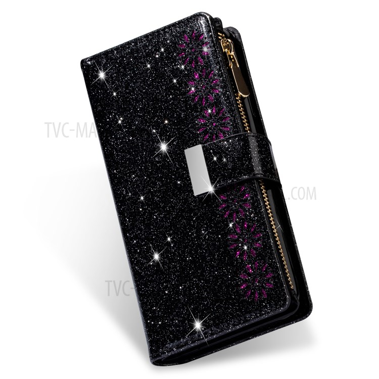 Glittery Starry Style Laser Carving Zipper Wallet Stand Leather Phone Shell for iPhone SE (2nd Generation)/8/7 - Black-9