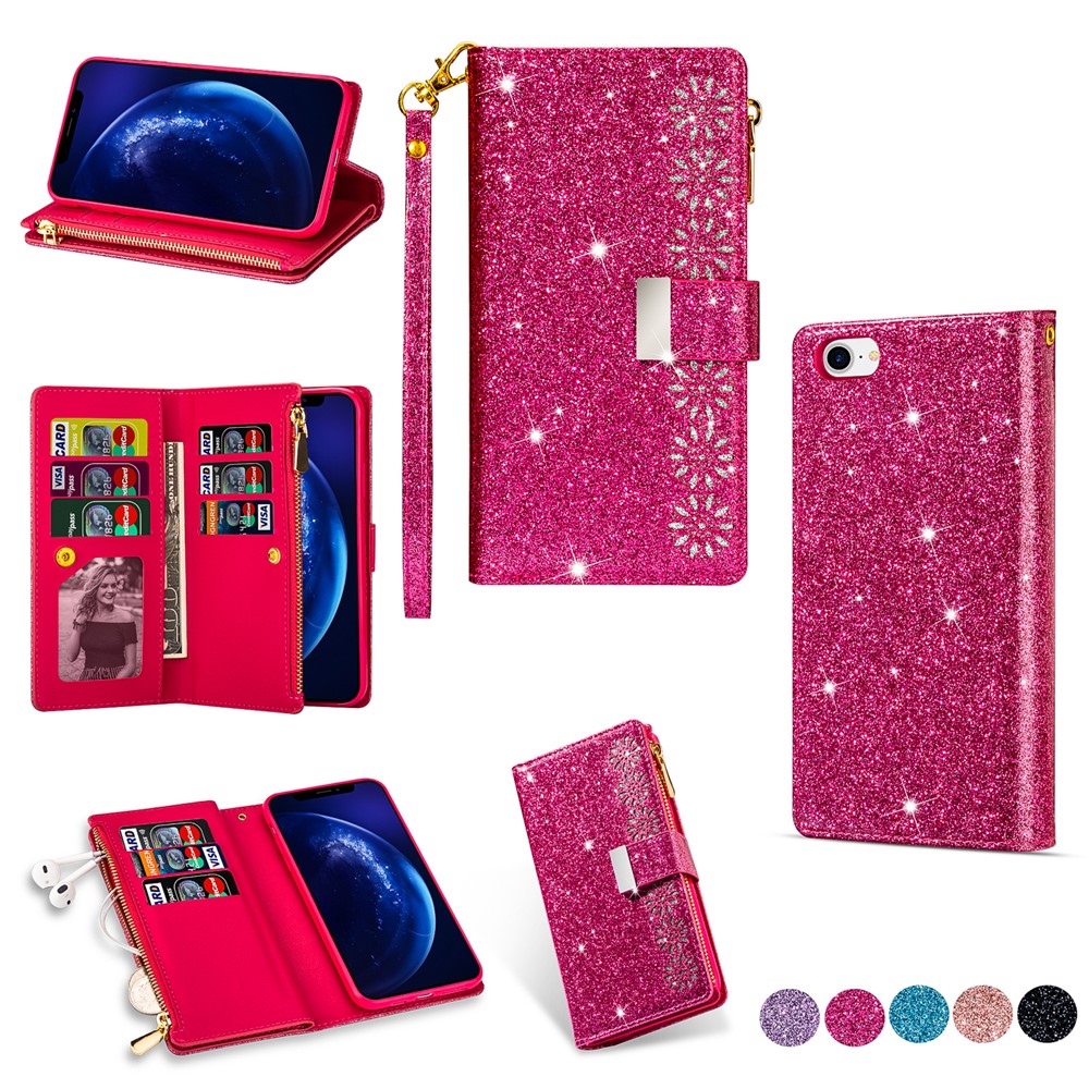 Glittery Starry Style Laser Carving Zipper Wallet Stand Leather Phone Shell for iPhone SE (2nd Generation)/8/7 - Rose-1