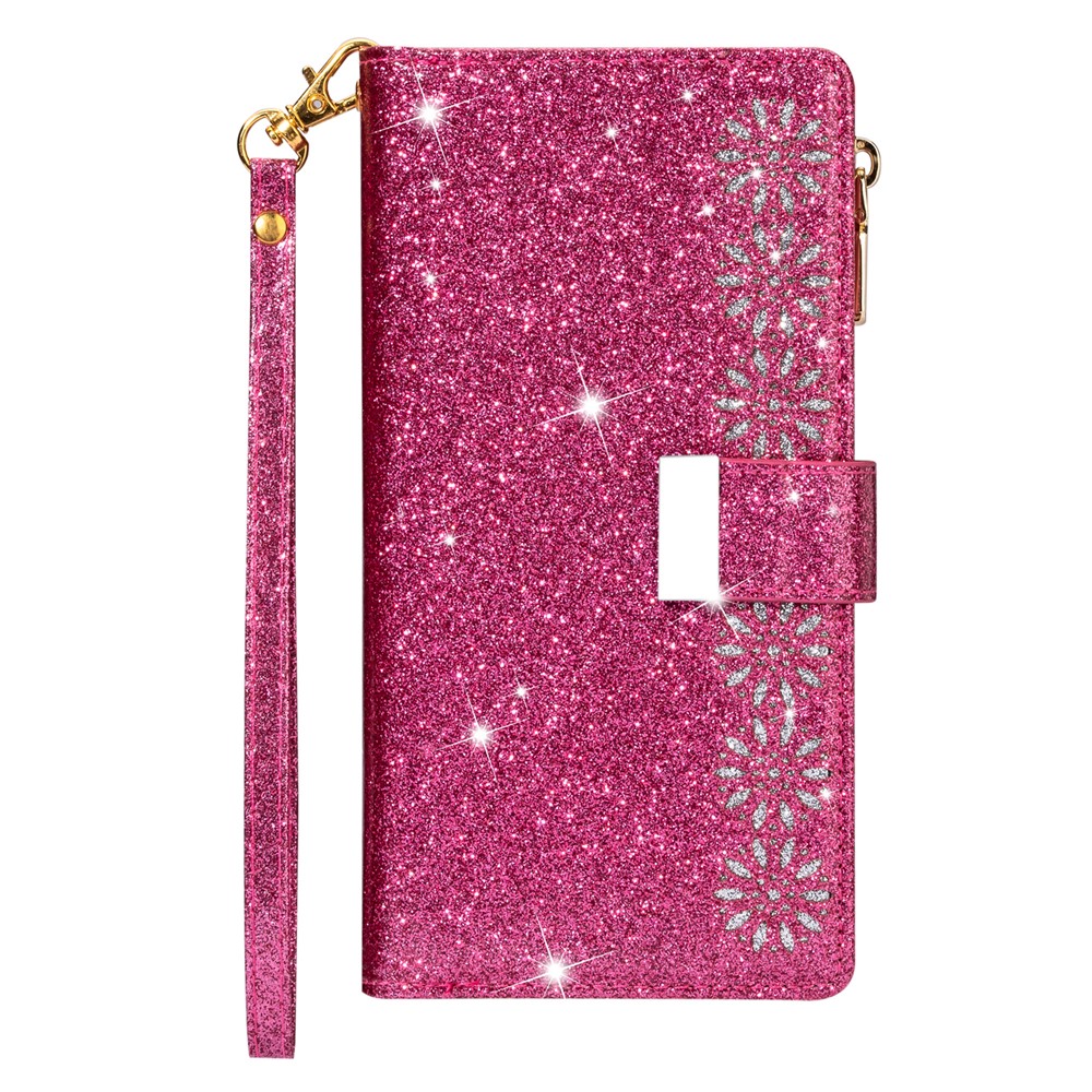 Glithery Starry Starry Style Laser Escultura Com Zíper Stand Stand Leather Phone Shell Para Iphone SE (2020)/SE (2022)/8/7 - Rosa